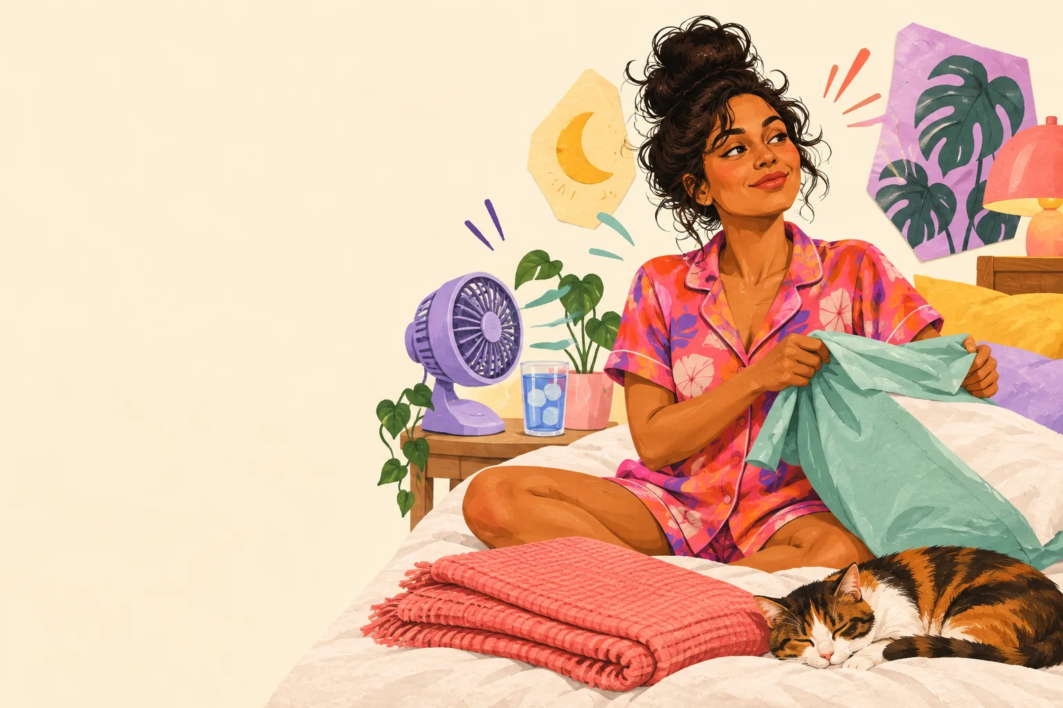 Editorial illustration of a woman getting ready for bed on a hot night, with a bedside fan, water, fresh bedding, and a sleeping cat